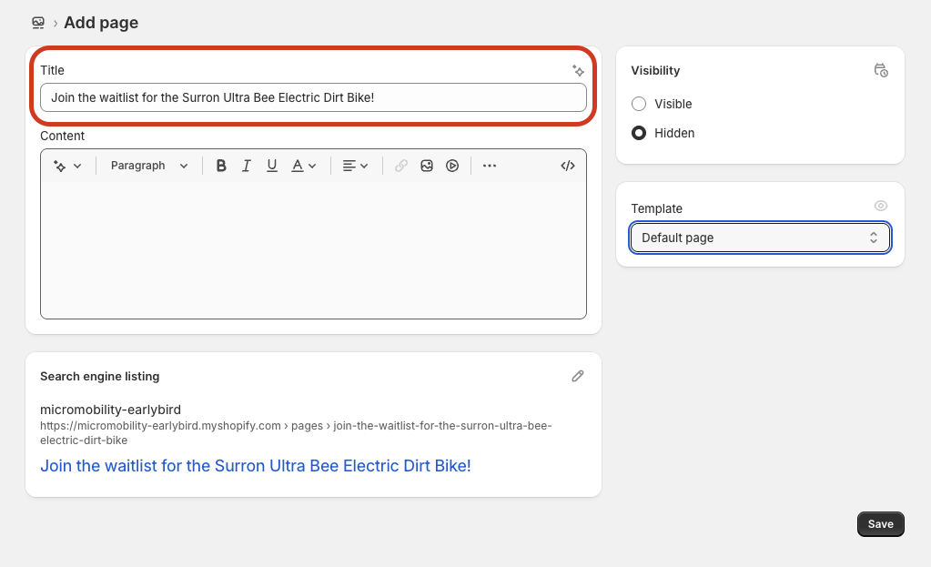 Shopify add page interface showing title field highlighted in red with "Join the waitlist for the Surron Ultra Bee Electric Dirt Bike!", visibility set to Hidden, and Default page template selected