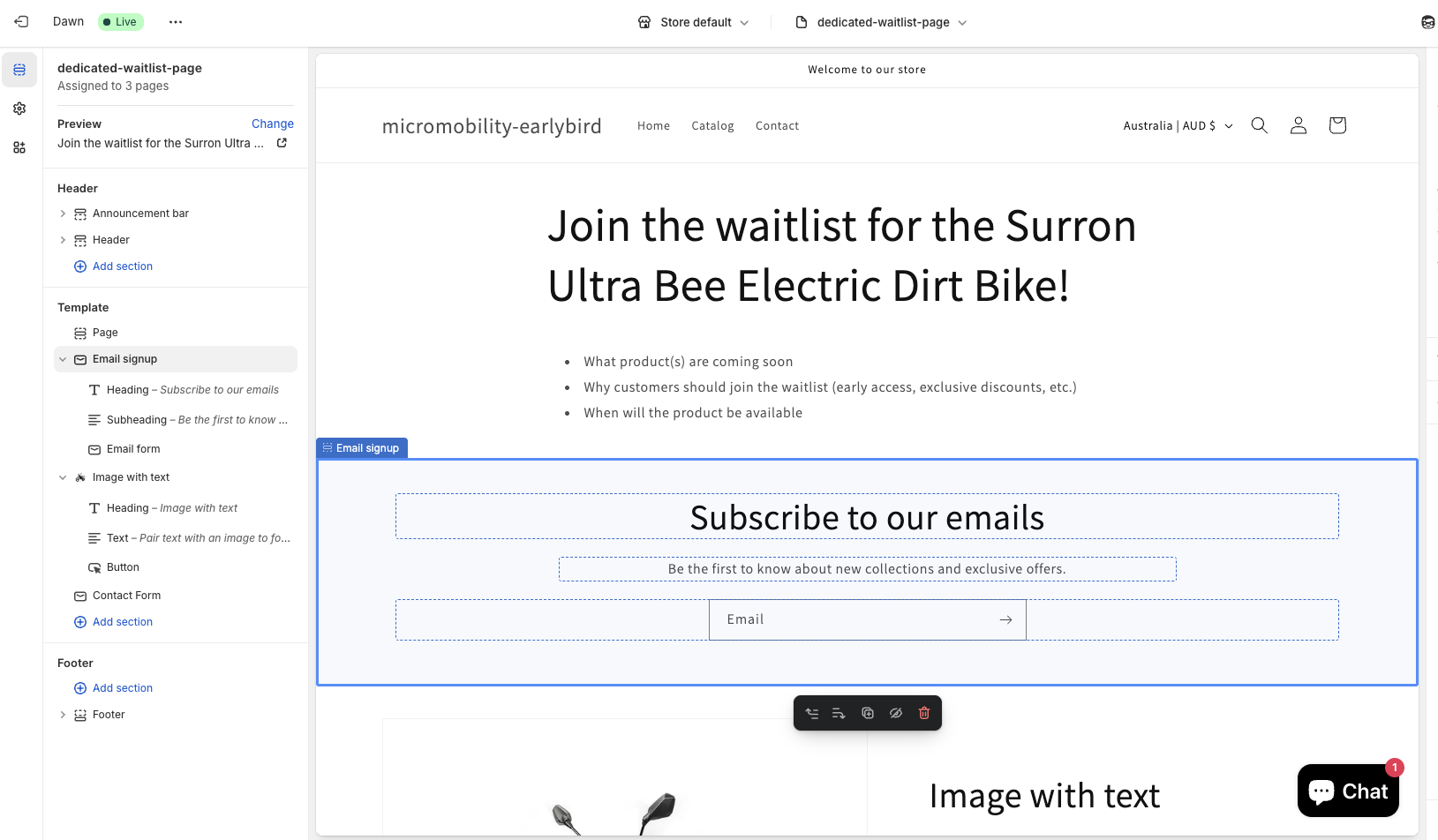 Complete waitlist page for Surron Ultra Bee Electric Dirt Bike showing title, bullet points about product details and benefits, and email signup form with "Subscribe to our emails" section highlighted in blue
