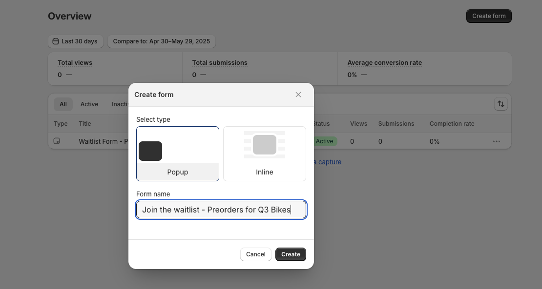 Shopify form creation dialog showing popup and inline display options