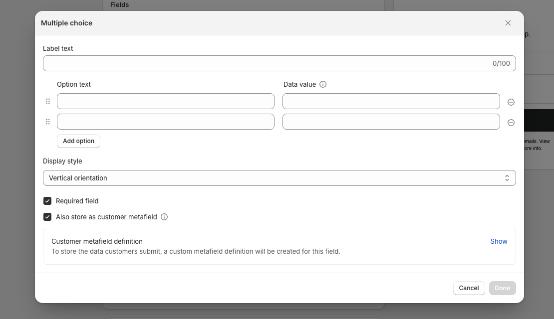 Multiple choice field configuration with option text, data values, and metafield storage settings