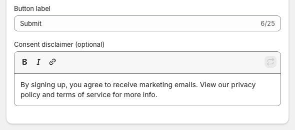 Form settings showing button label field and consent disclaimer text editor