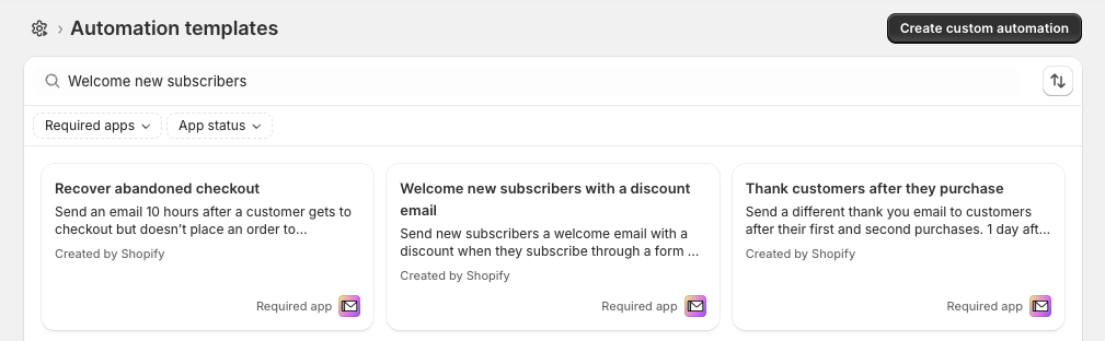 Shopify automation templates showing welcome subscriber email and discount automation options