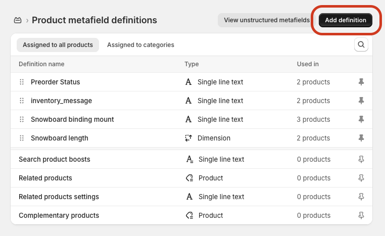 Product metafield definitions page with "Add definition" button highlighted, showing existing metafields including Preorder Status
