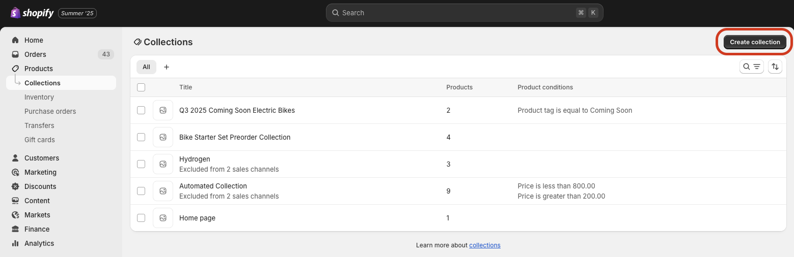 Shopify Collections page with "Create collection" button highlighted, showing preorder-specific collections in the list