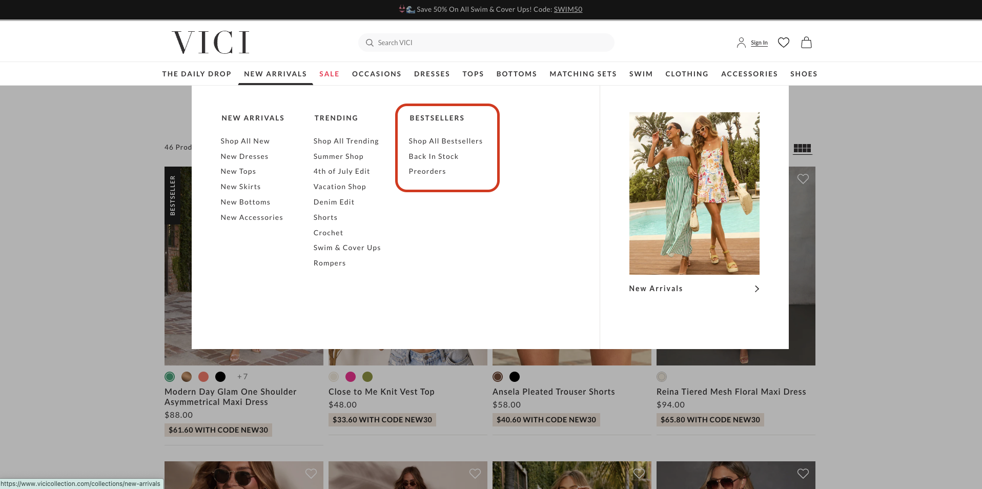 VICI website navigation menu with "BESTSELLERS" section highlighted, showing preorder organization options
