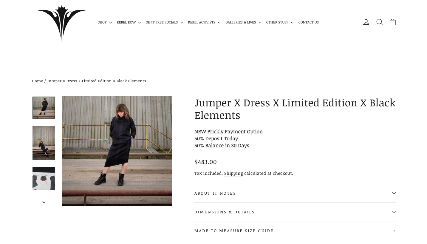 Shopify product page showing Jumper X Dress priced at $483.00 with partial payment options: 50% deposit today, 50% balance in 30 days