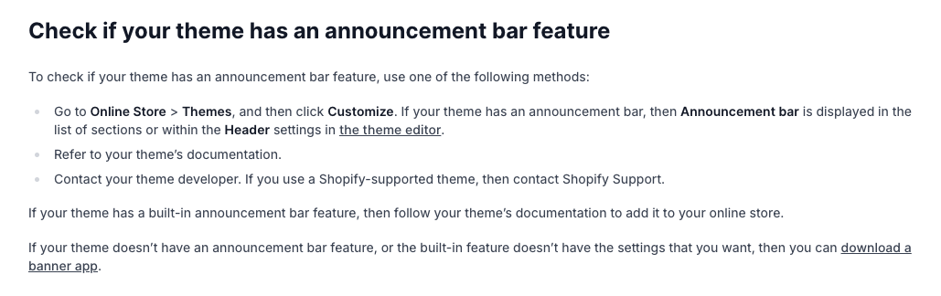Text instructions explaining how to check for announcement bar features in Shopify themes