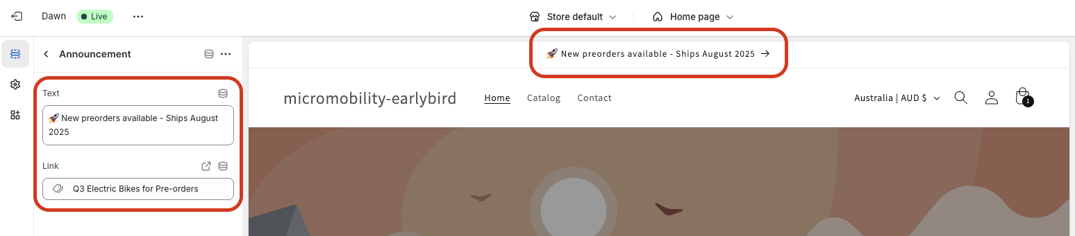 Shopify theme customizer showing announcement bar settings with preorder text and collection link fields highlighted