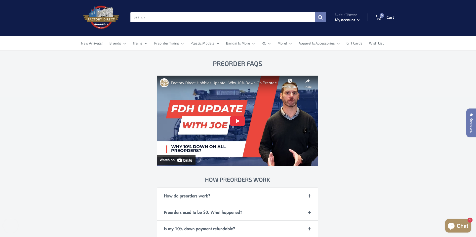 Factory Direct Hobbies preorder FAQ page with embedded YouTube video "Why 10% Down On Preorders" and expandable FAQ sections about how preorders work