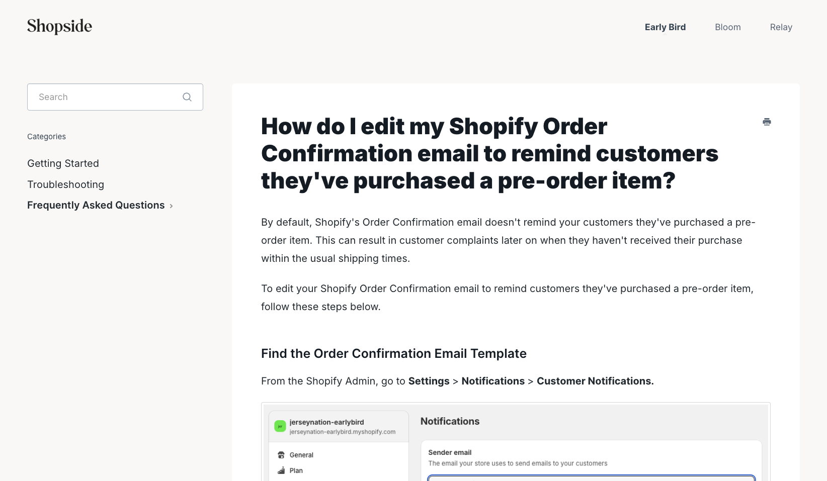 Shopside help article page titled "How do I edit my Shopify Order Confirmation email to remind customers they've purchased a pre-order item?" showing navigation to Shopify notifications settings
