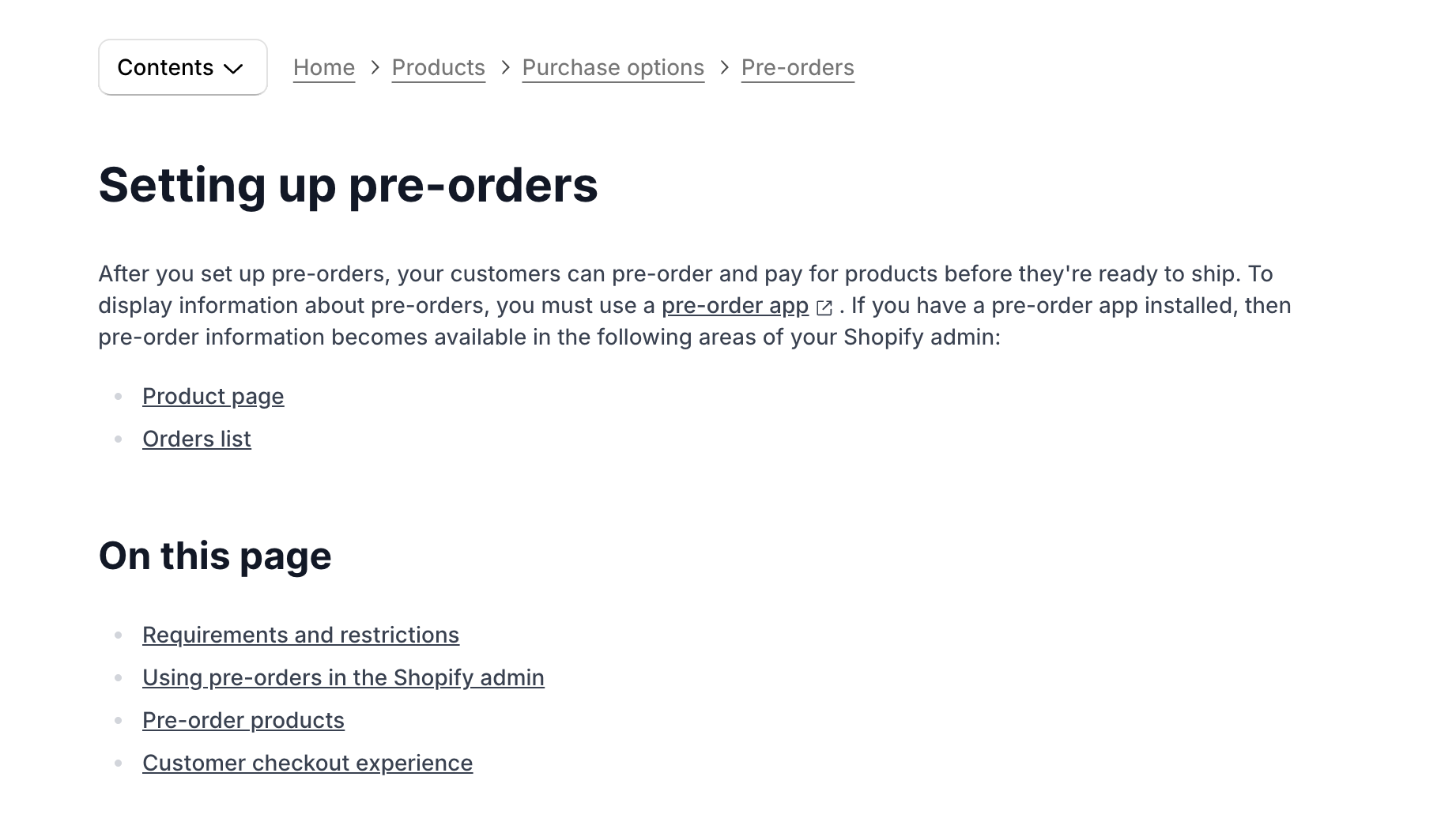 Shopify Help Center documentation page showing the 'Setting up pre-orders' guide with breadcrumb navigation and table of contents including requirements, admin usage, pre-order products, and customer checkout experience sections