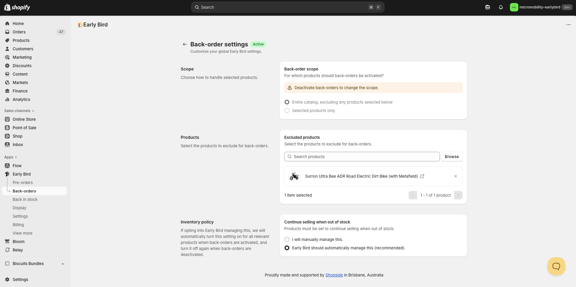 Early Bird back-order settings interface in Shopify admin showing scope configuration options, product exclusion selector with Surron Ultra Bee ADR Road Electric Dirt Bike selected, and inventory policy settings with automatic management option enabled