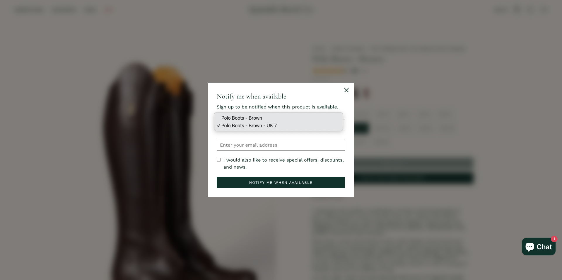 Shopify Early Bird app back-in-stock notification popup modal for 'Polo Boots - Brown - UK 7' showing email input field, optional marketing consent checkbox for special offers and news, and dark green 'Notify me when available' submit button matching Spanish Boot Co.'s brand styling.