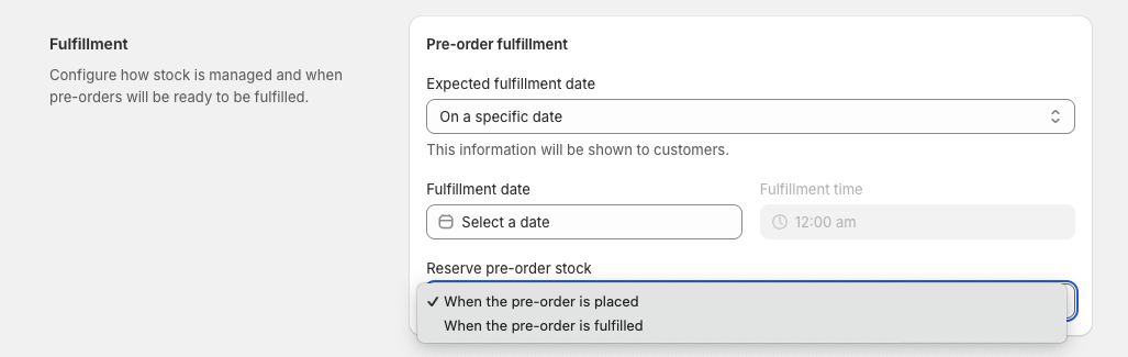 Early Bird pre-order app Reserve pre-order stock dropdown menu showing two inventory management options: When the pre-order is placed selected with checkmark and When the pre-order is fulfilled