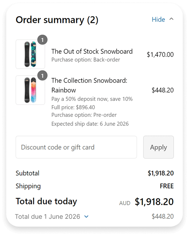 An example Shopify store selling snowboards as pre-orders and back orders, using Early Bird Shopify pre order and back order app.