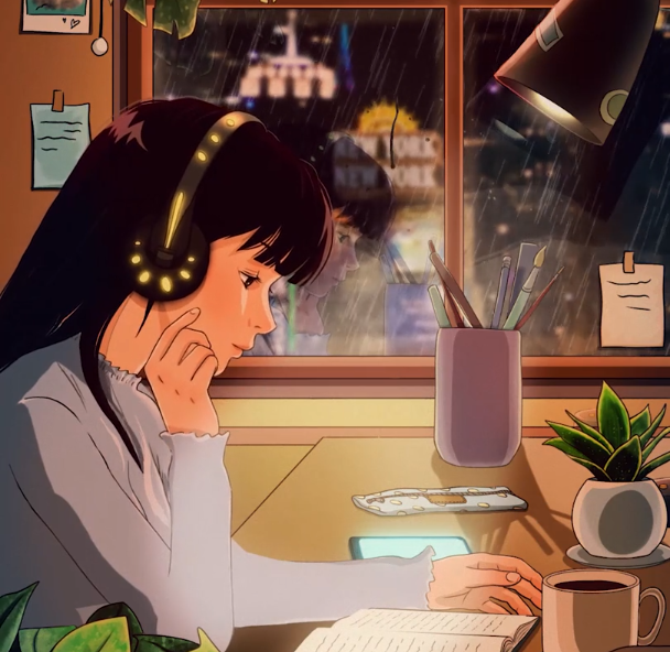 2D animation still of a girl working on a computer with headphones on