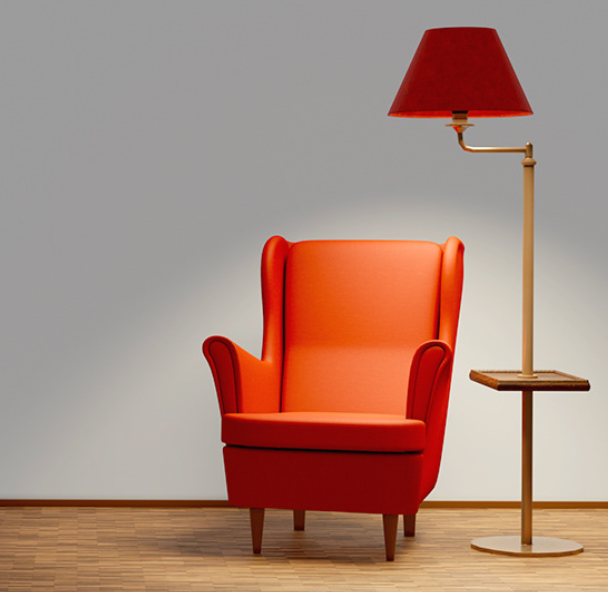 3D rendering of an orange easy chair next to a brass floor lamp with an orange shade