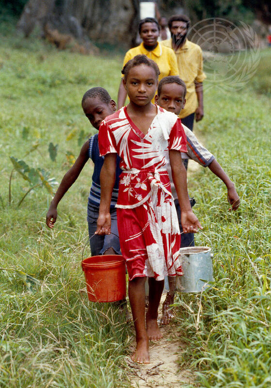 Clean water is vital to human life. No one could survive it for more than a few days. Although the earth's fresh water reserves are plentiful, over ninety-eight per cent of the supple is locked into polar ice-caps and glaciers or underground aquifers. Both industrial and developing countries are becoming increasingly concerned over meeting their domestic, agricultural and industrial demands for water and are in unanimous agreement on the need to work together to make clean water available to everyone. The United Nations General Assembly has designated the 1980's as the "International Drinking Water Supply and Sanitation Decade" with the goal of providing clean water and adequate sanitation to all by 1990.Family fetching water form a river in Cave Valley, Jamaica. Rivers are one of the main sources of usable water.