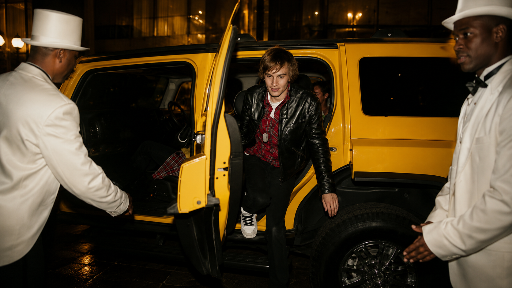 Arrival in style — a guest steps from a striking yellow Hummer into the Nike X MTV Air Force 1 25th anniversary celebration, welcomed by white-suited hosts as the night’s immersive experience begins. ©Jandré Louw