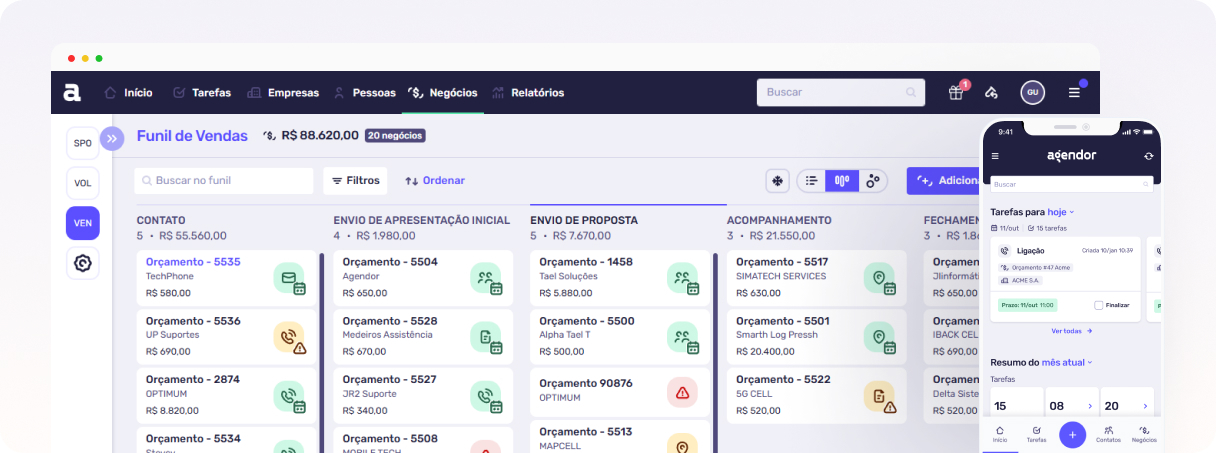 Print de tela demonstrando a plataforma de CRM Agendor