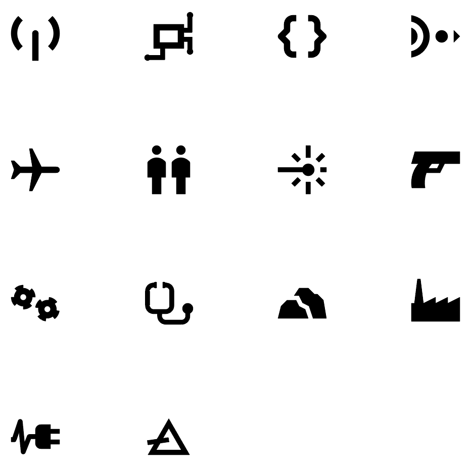 Various black icons representing categories of technology.