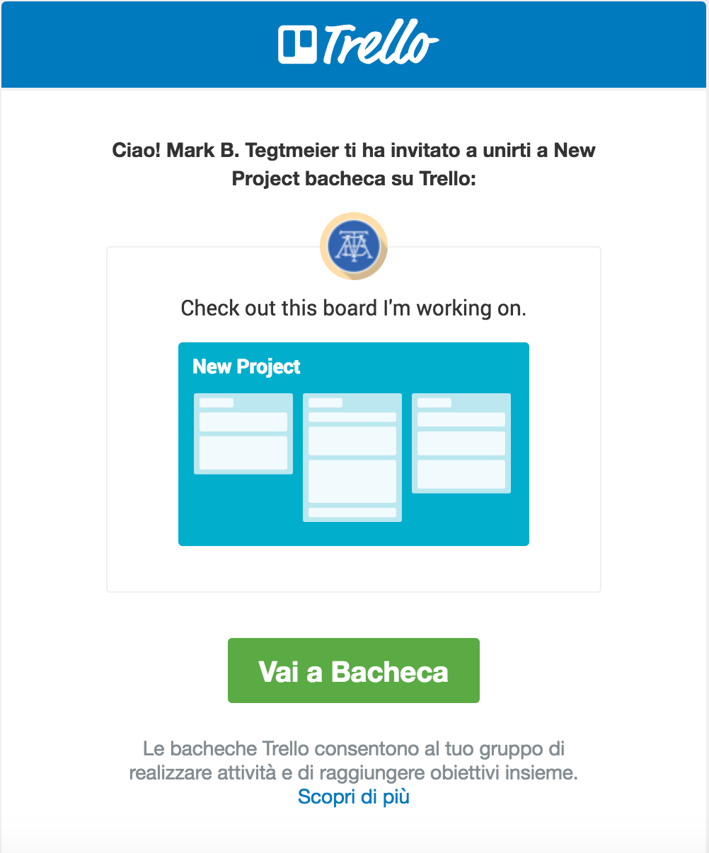 An invitation email from Trello in Italian with a call to action reading "Vai a Bacheca"