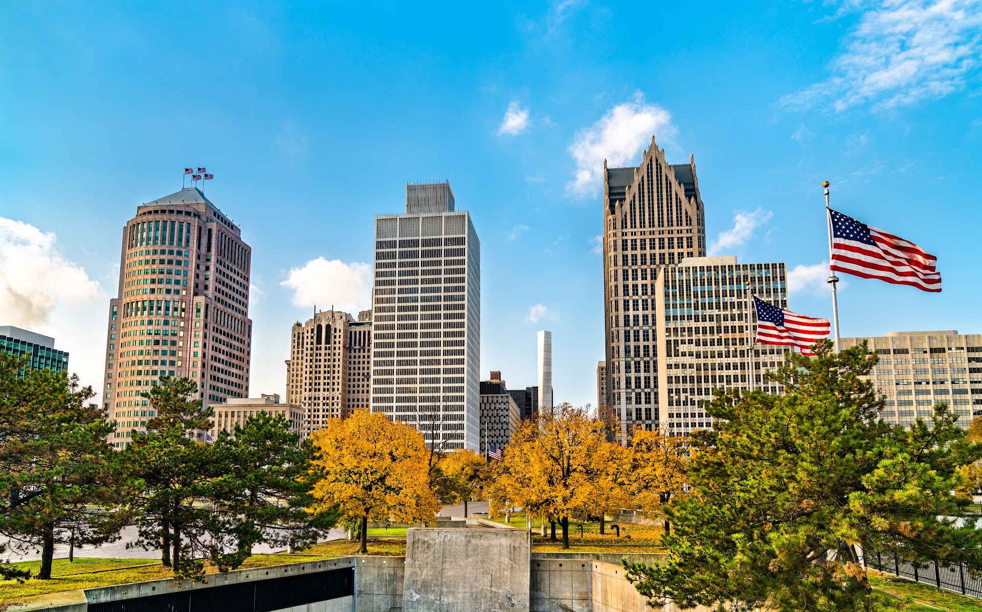 Downtown Detroit skyline from Hart Plaza with modern buildings and riverfront