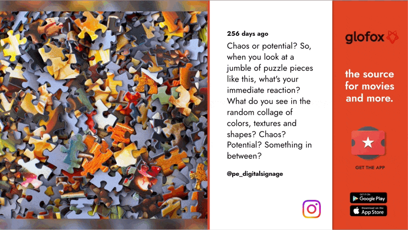 A pile of mixed puzzle pieces on the left, with text in the center asking if the jumble represents chaos, potential, or something in between, accompanied by the Instagram handle @pe_digitalsignage; on the right, advertisement for the Glofox app with download options.