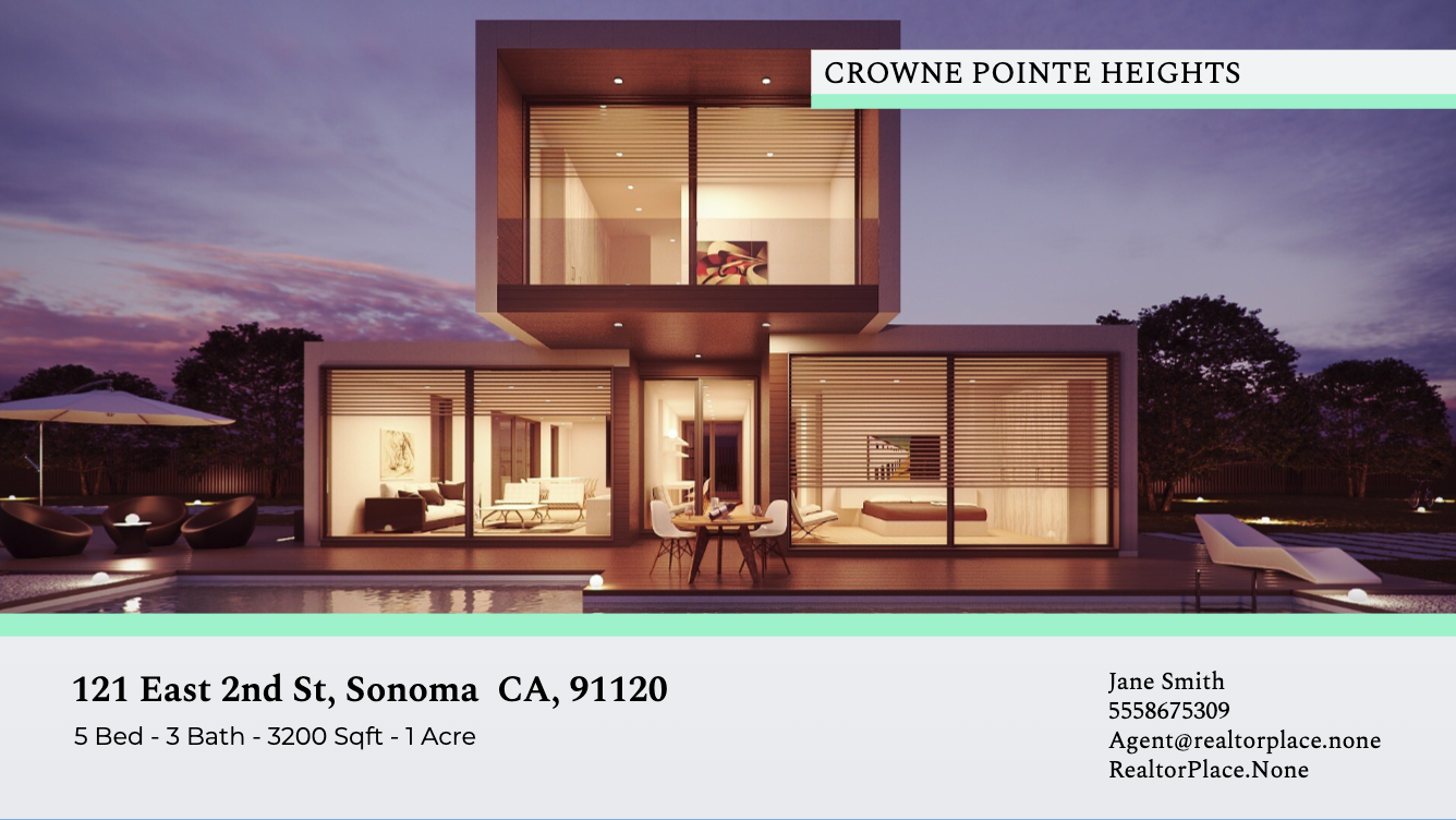 Modern two-story house with large glass windows overlooking a pool at dusk, listing details below including address in Sonoma, CA, and agent contact information.