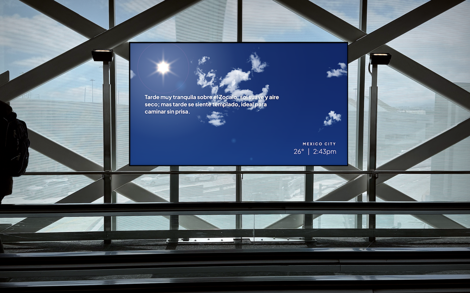 A digital display in an airport displaying local weather. 