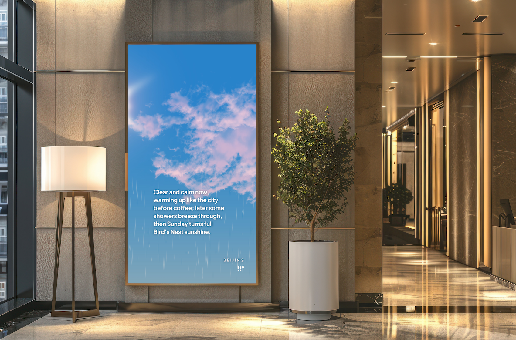 A digital lobby display showing weather content.