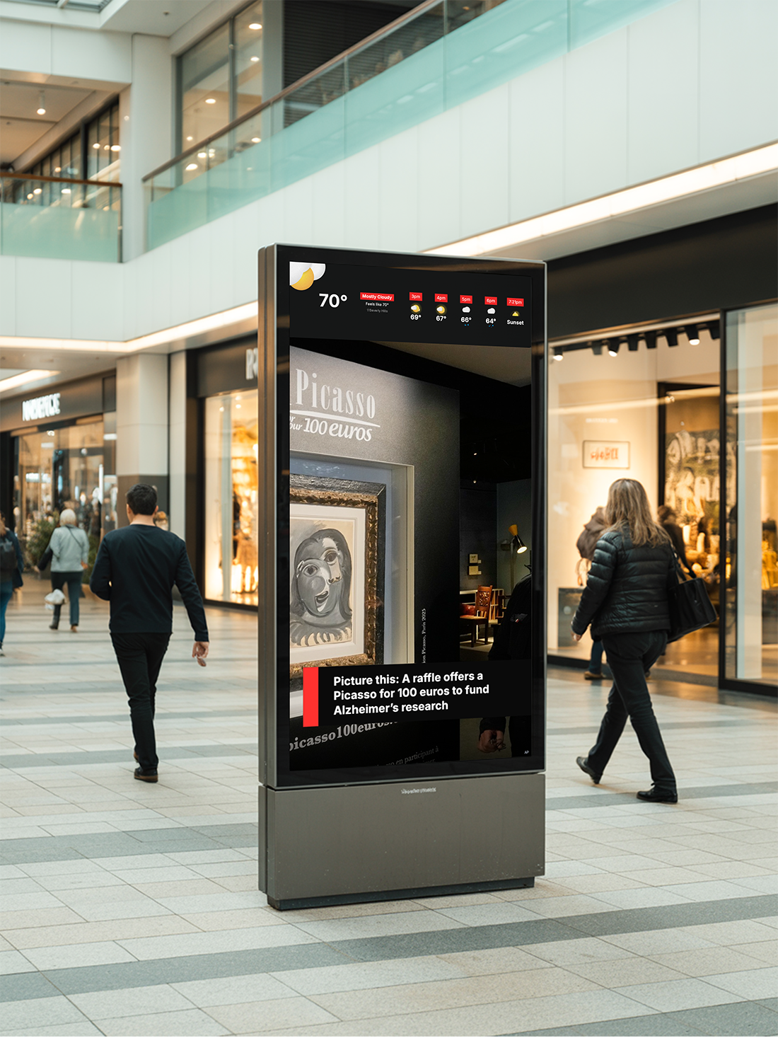 A digital kiosk displaying weather content and news headlines