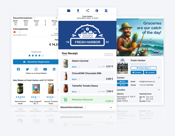 Smart Bill Example of a digital till receipt with product overview, discount and retailer information.