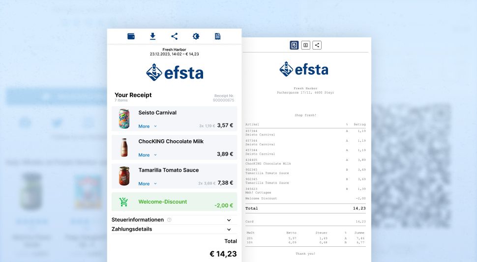 Illustration of the digital receipt solutions from efsta: on the left the Simple Bill as a digital PDF receipt with QR code, on the right the Smart Bill as an interactive online receipt with product images, prices and discount information.