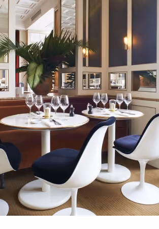 Elegant restaurant interior with round white tables set with glasses and napkins, white chairs with black seats, and a large potted plant.