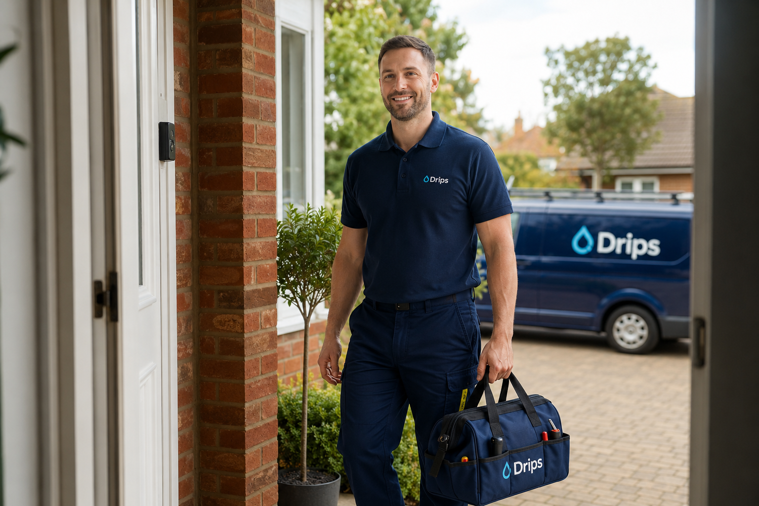 Drips plumbing engineer arriving at a customer’s home in Kent