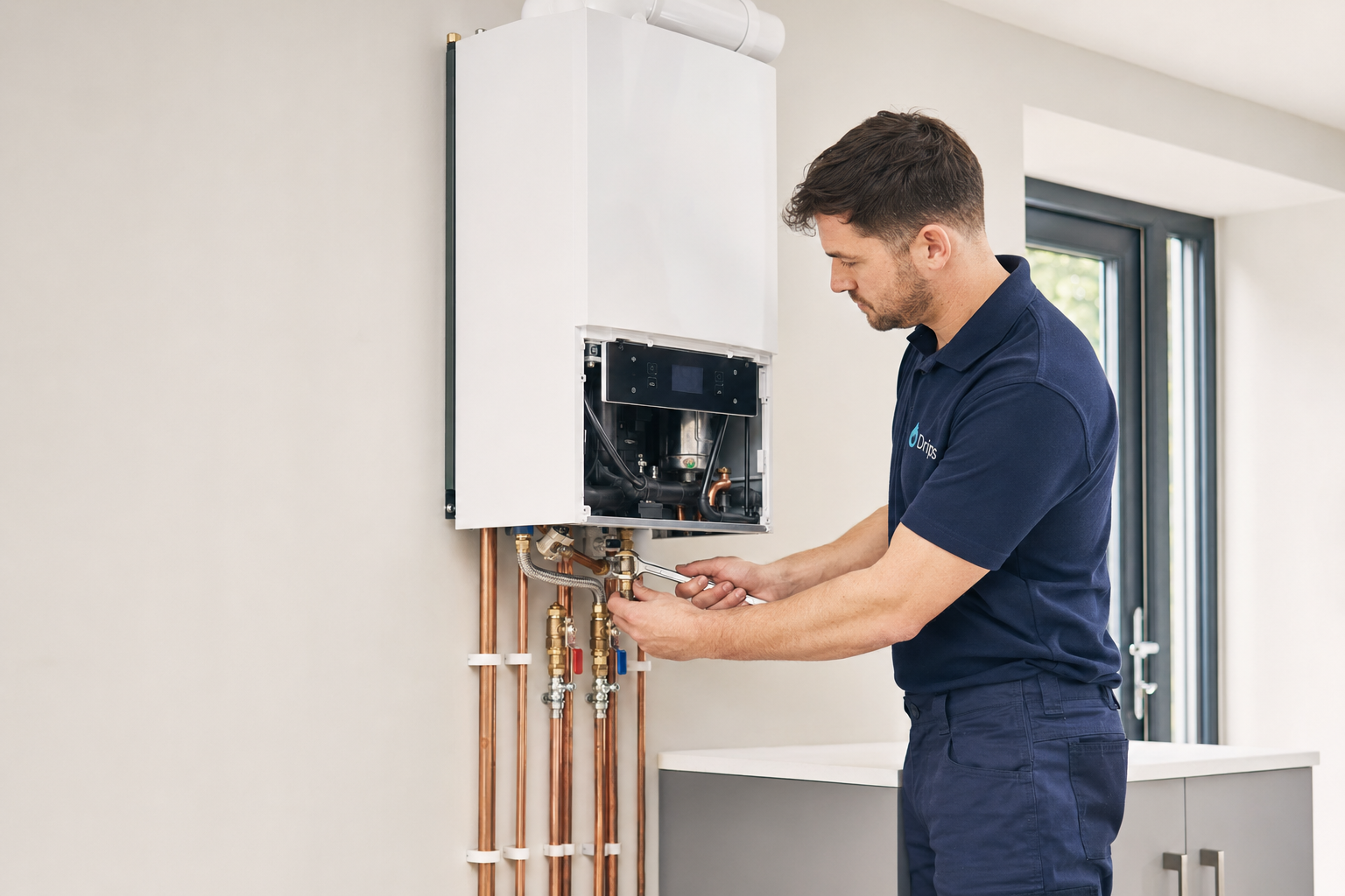 Drips Gas Safe engineer installing a new wall-mounted boiler in a Kent home