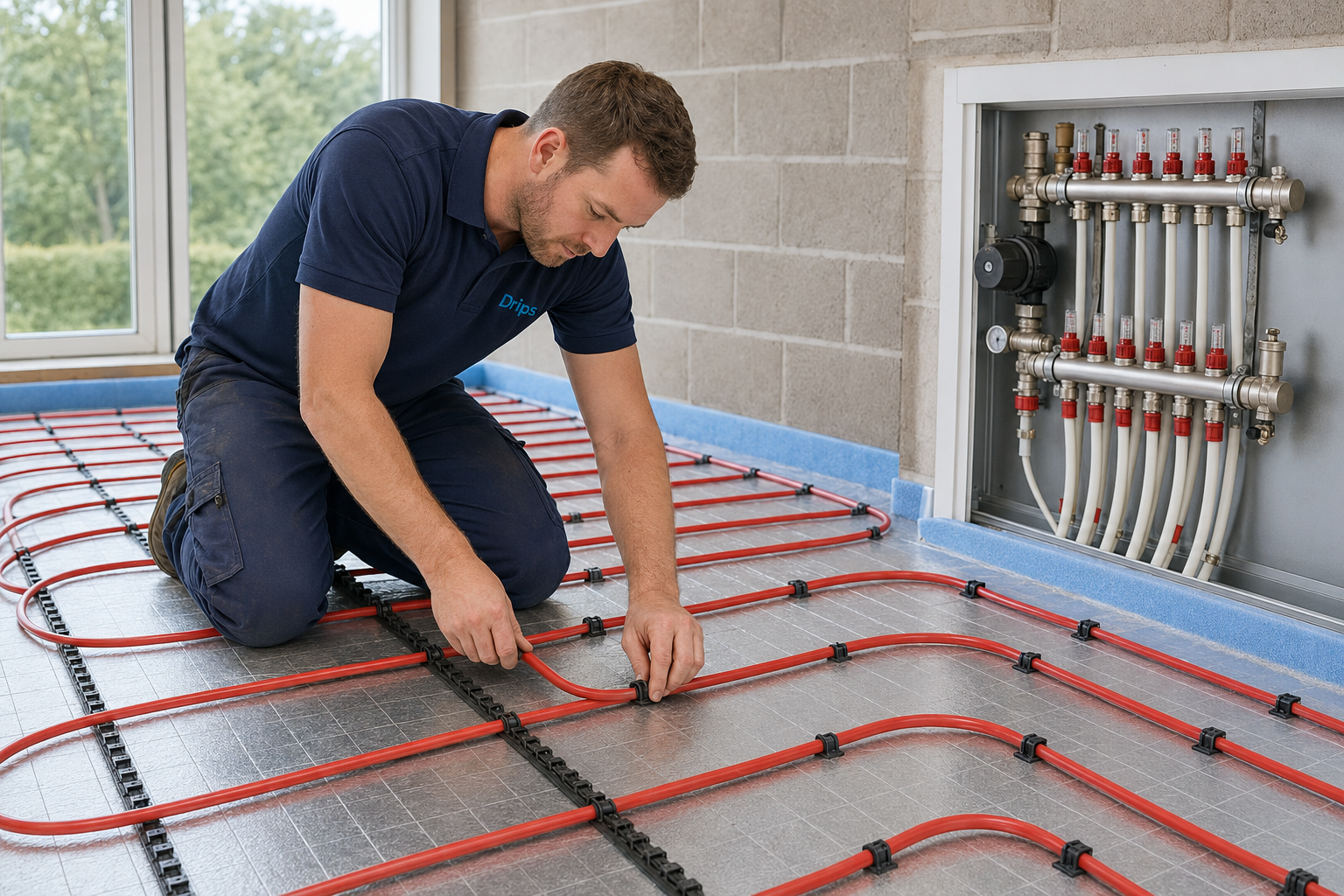 Drips heating engineer installing wet underfloor heating pipework in a Kent property