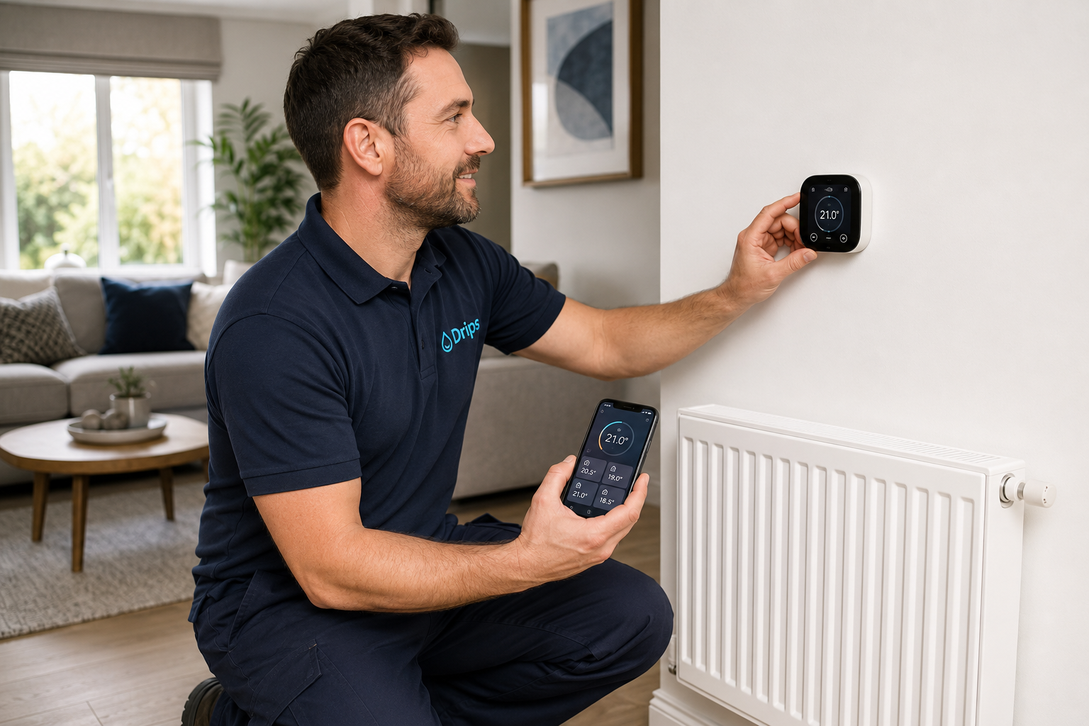 Drips heating engineer installing and configuring a smart thermostat in a Kent home
