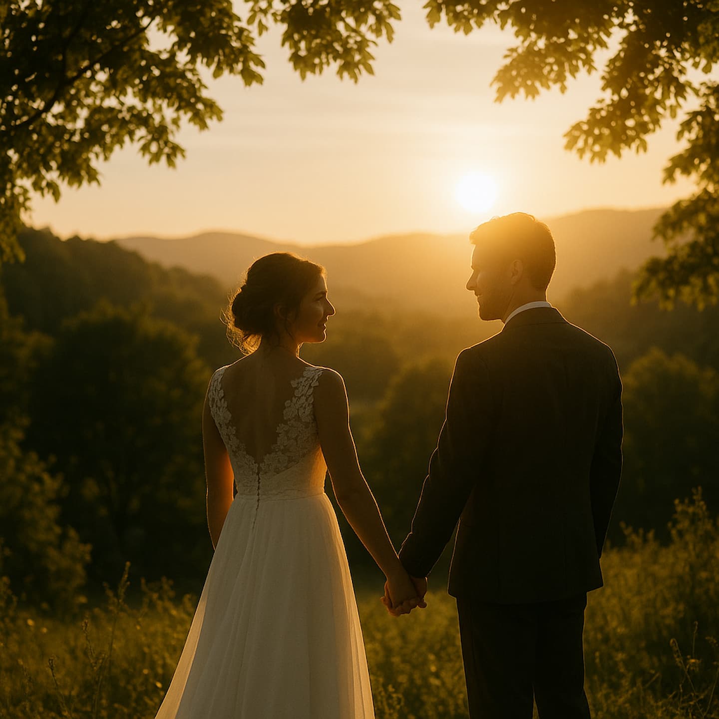 Couple en tenue de mariage se tenant la main devant un coucher de soleil sur paysage naturel.