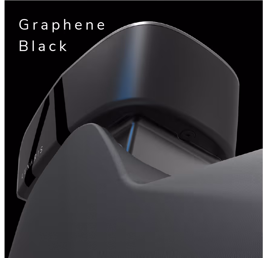 Close-up of a sleek black product part labeled 'Lunaris' with text 'Graphene Black' on a black background.