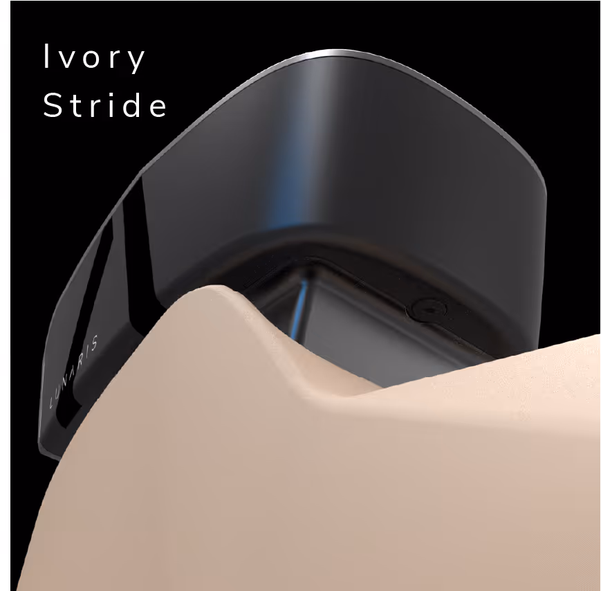 Close-up of a sleek black product part labeled 'Lunaris' with text 'Ivory Stride' on a black background.