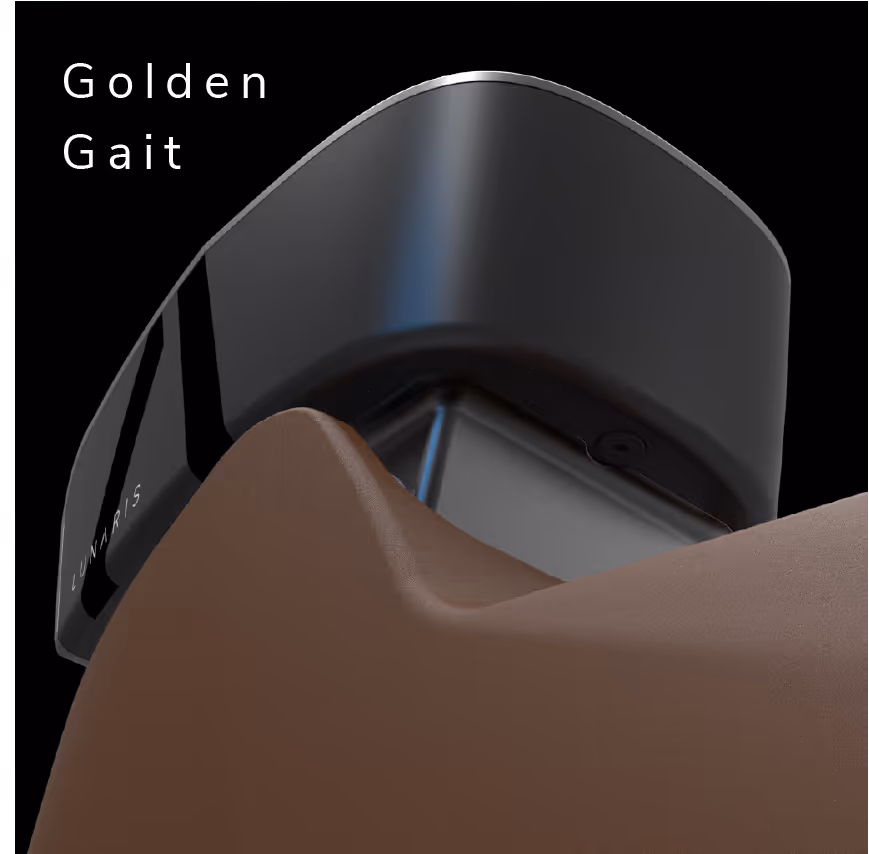 Close-up of a sleek black product part labeled 'Lunaris' with text 'Golden Gait' on a black background.