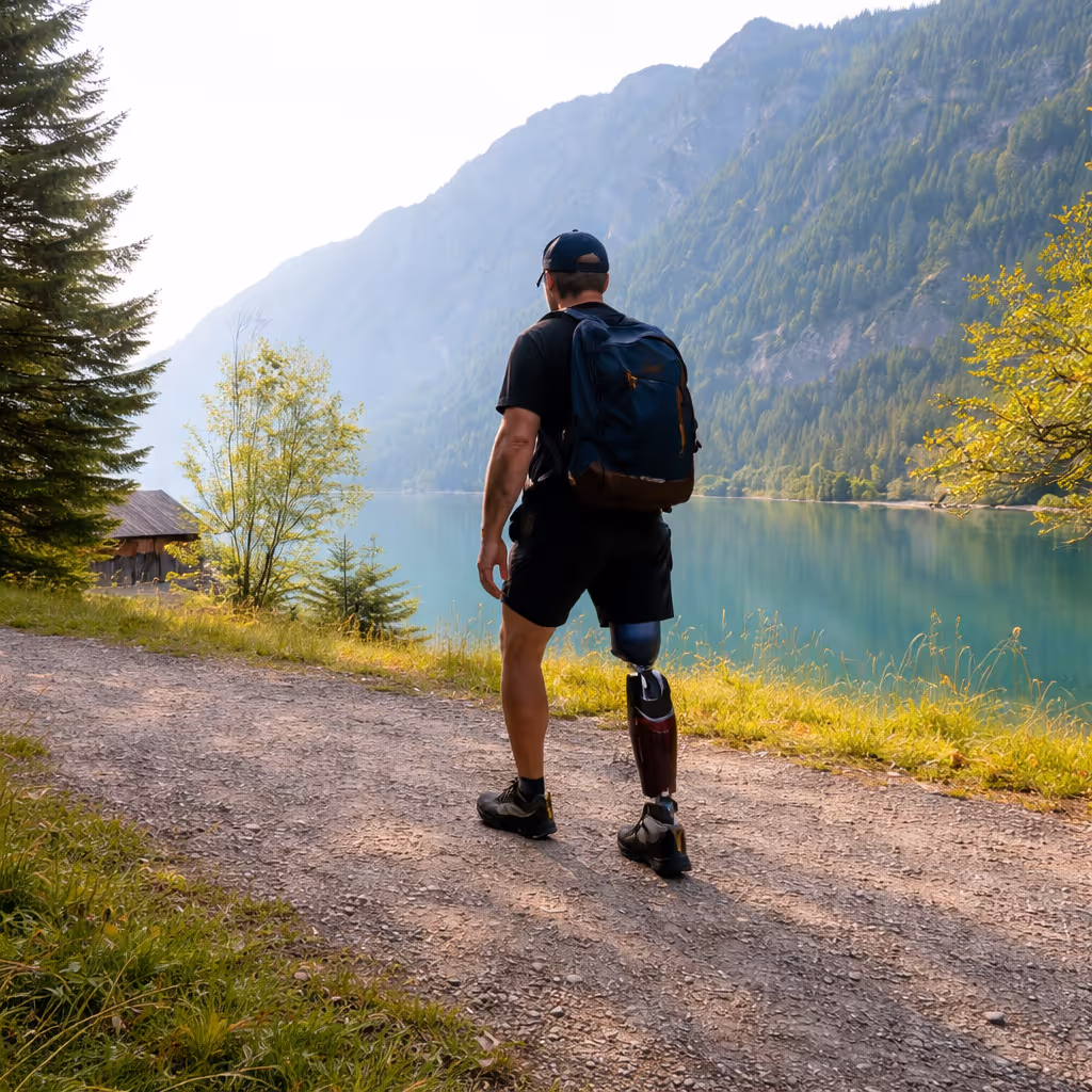 Man with a prosthetic leg wearing a backpack walking on a dirt path beside a lake with mountains in the background.