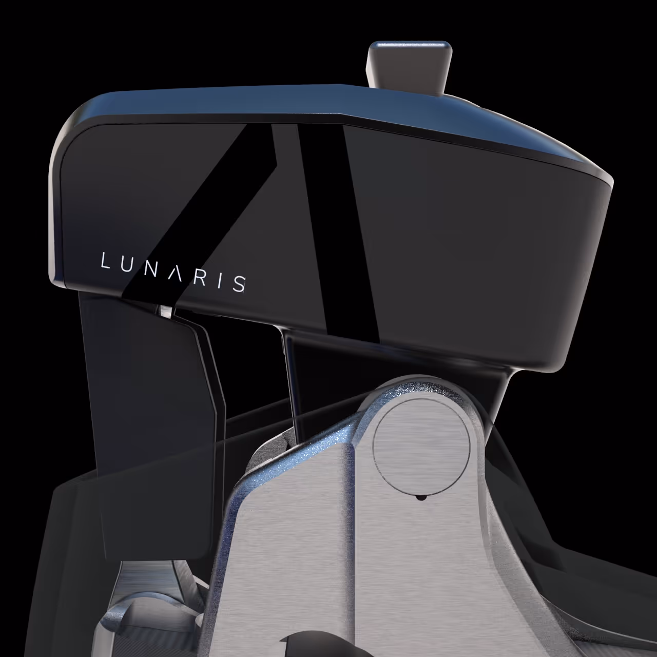 Close-up of a sleek black and silver device labeled 'LUNARIS' against a black background.
