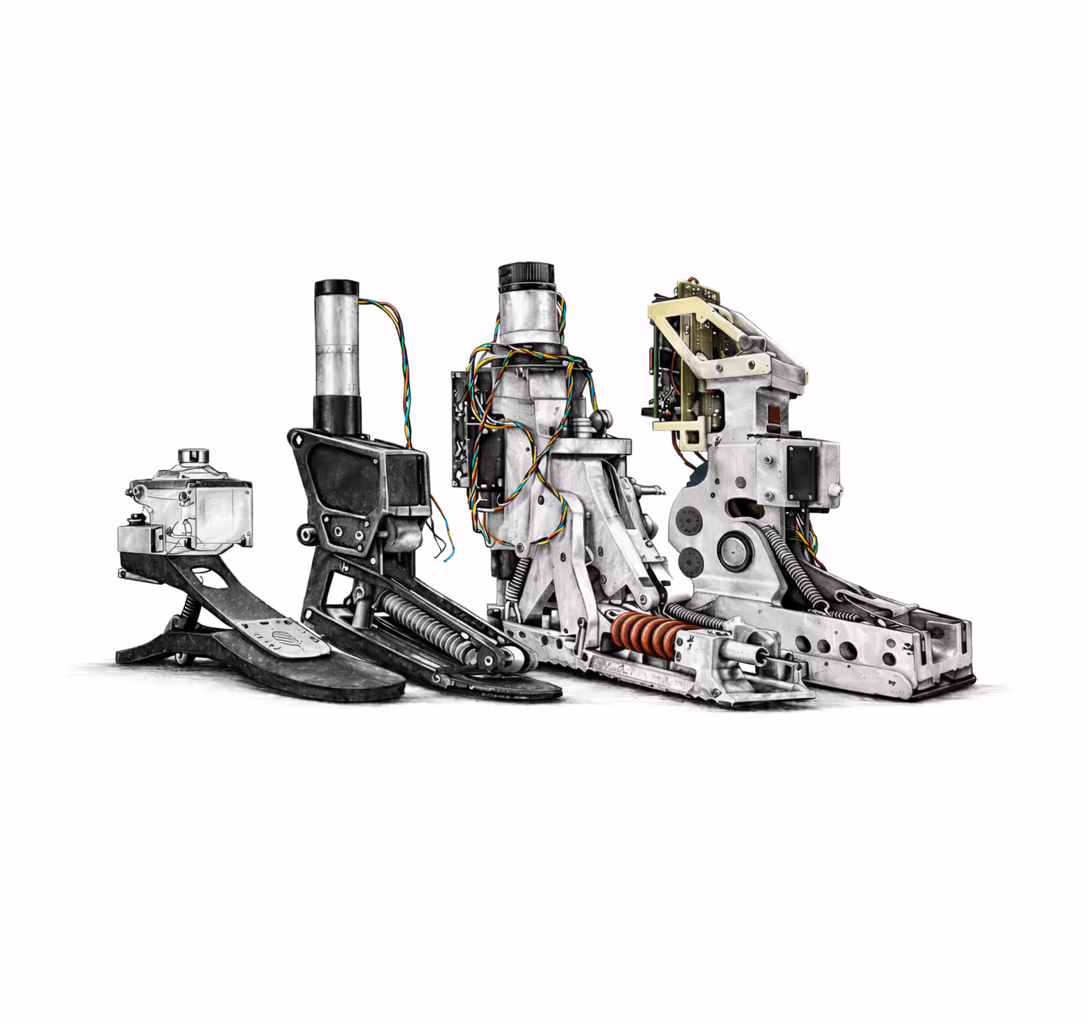 Four evolving robotic prosthetic feet with mechanical and electronic components arranged in a row on a white background.