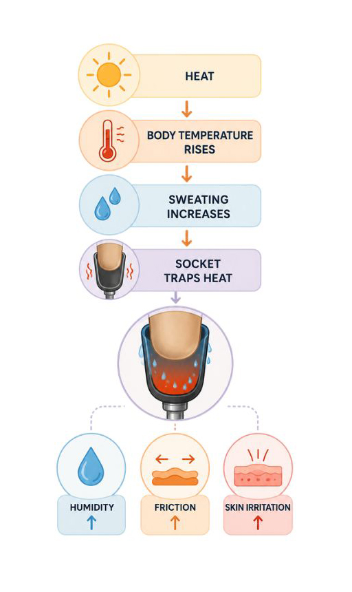 Diagram showing how heat increases sweating inside a prosthetic socket, leading to humidity, friction and skin irritation