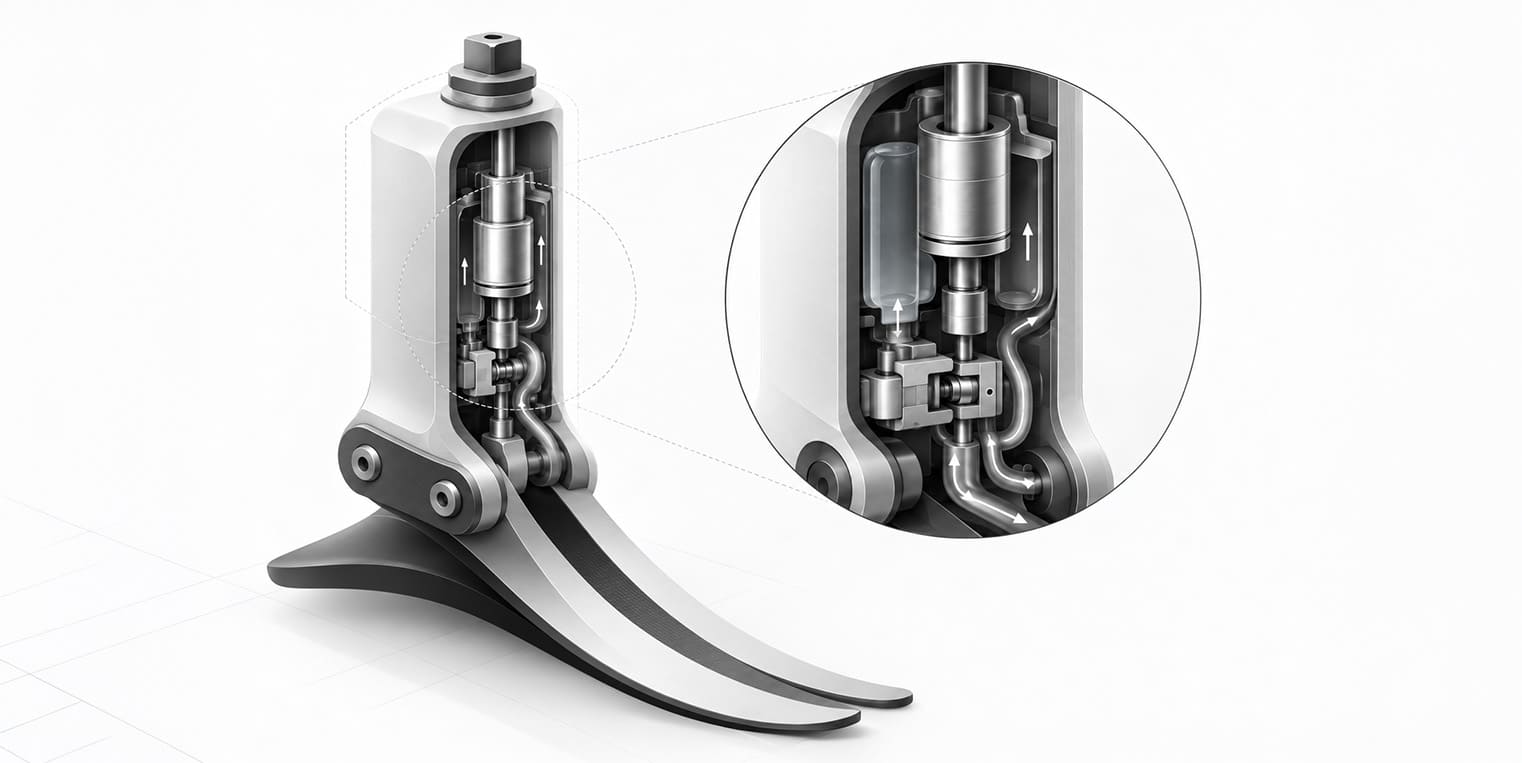 3D cutaway illustration of a hydraulic prosthetic foot showing the articulated ankle, internal piston and fluid control mechanism.