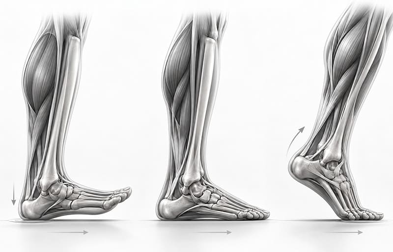 Anatomical illustration of the human ankle during three phases of walking: heel contact, mid-stance and push-off.