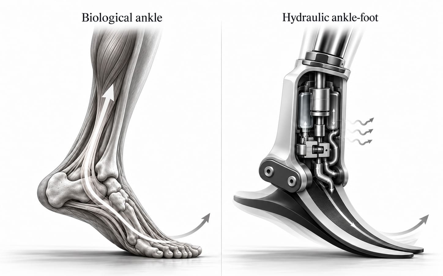 Side-by-side illustration of a biological ankle and a hydraulic prosthetic foot, showing muscle-tendon structures and hydraulic damping mechanisms during push-off.